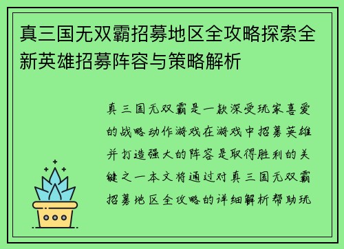 真三国无双霸招募地区全攻略探索全新英雄招募阵容与策略解析